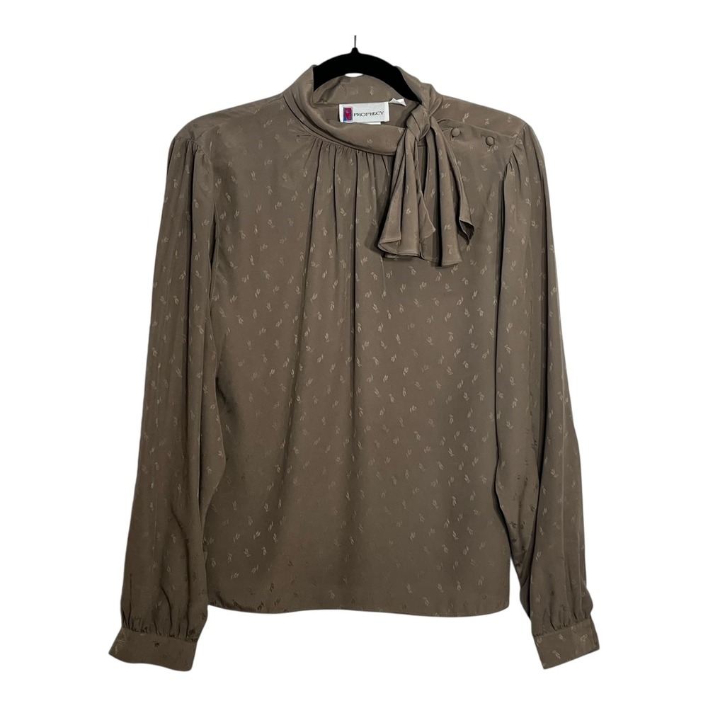 Prophecy Vintage Taupe Brown Jacquard Leaf Tie Neck Blouse Made in USA Size 10